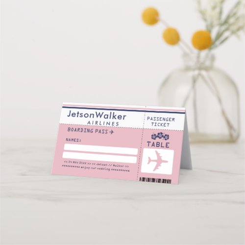 Blue Hibiscus  Pink Airline Ticket Guest Seating Place Card