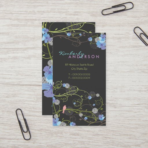 Customizable fatfatin Blue Hibiscus Swirls &amp; Swallows Business Card