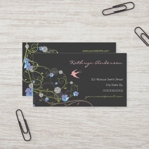 Blue Hibiscus Swallow Birds Elegant Floral Garden Business Card