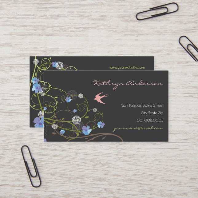 Blue Hibiscus Swallow Birds Elegant Floral Garden Business Card (Front/Back In Situ)
