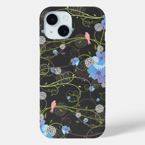 Blue Hibiscus Swallow Birds Elegant Floral Garden iPhone 15 Case