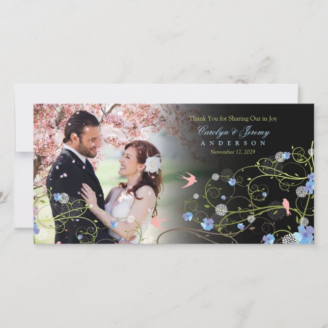 Blue Hibiscus & Swallows Chic Floral Wedding Photo Thank You Card (Front)