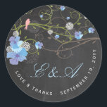 Blue Hibiscus & Swallows Floral Chalkboard Wedding Classic Round Sticker<br><div class="desc">An original illustration of romantic summer blue and purple hibiscus flowers, white pom pom chrysanthemum blooms with swirling green vines and whimsical pink swallow birds silhouette on a chalkboard / dark charcoal grey background. A beautiful tropical floral and elegant garden wedding themed design. More edit options available within the product...</div>