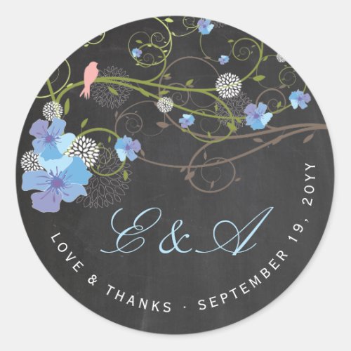 Blue Hibiscus  Swallows Floral Chalkboard Wedding Classic Round Sticker