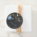 Blue Hibiscus & Swallows Floral Chalkboard Wedding Favor Tags<br><div class="desc">An original illustration of romantic summer blue and purple hibiscus flowers, white pom pom chrysanthemum blooms with swirling green vines and whimsical pink swallow birds silhouette on a chalkboard / dark charcoal grey background. A beautiful tropical floral and elegant garden wedding themed design. More edit options available within the product...</div>