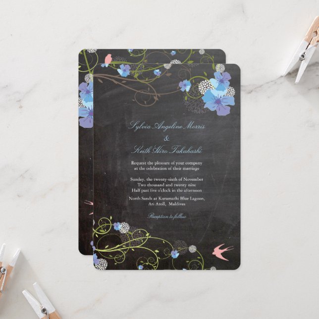 Blue Hibiscus & Swallows Floral Chalkboard Wedding Invitation (Front/Back In Situ)