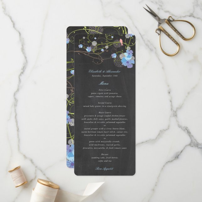 Blue Hibiscus & Swallows Floral Chalkboard Wedding Program (Front/Back In Situ)