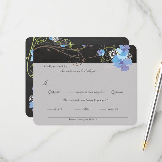 Blue Hibiscus & Swallows Floral Chalkboard Wedding RSVP Card (Front/Back In Situ)