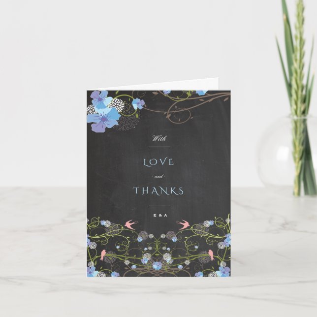 Blue Hibiscus & Swallows Floral Chalkboard Wedding Thank You Card (Front)