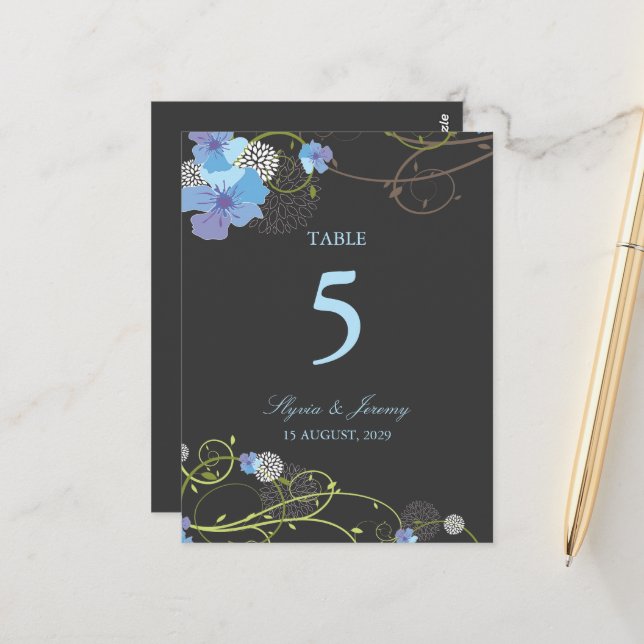 Blue Hibiscus Swallows Floral Wedding Table Number (Front/Back In Situ)