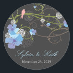 Blue Hibiscus Swirls & Swallows Floral Wedding Classic Round Sticker<br><div class="desc">An original illustration of romantic summer blue and purple hibiscus flowers, white pom pom chrysanthemum blooms with swirling green vines and whimsical pink swallow birds silhouette on a chalkboard / dark charcoal grey background. A beautiful tropical floral and elegant garden wedding themed design. More edit options available within the product...</div>
