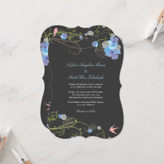 Blue Hibiscus Swirls & Swallows Floral Wedding Invitation