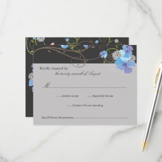 Blue Hibiscus Swirls & Swallows Floral Wedding RSVP Card