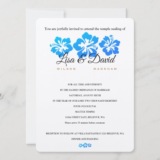 Blue Hibiscus Temple Wedding & Reception Invite (Front)