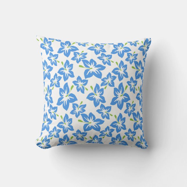 Blue Hibiscus Tropical Floral Throw Pillow (Front)