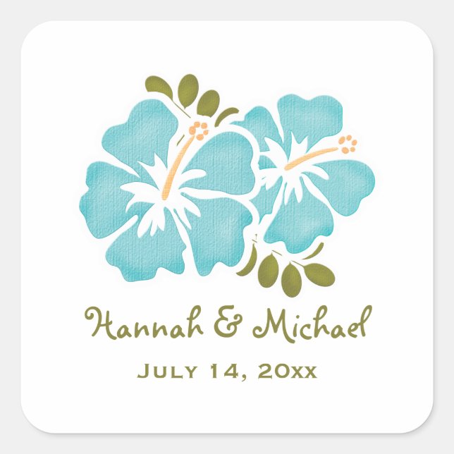 Blue Hibiscus Wedding Favor Sticker Seal (Front)