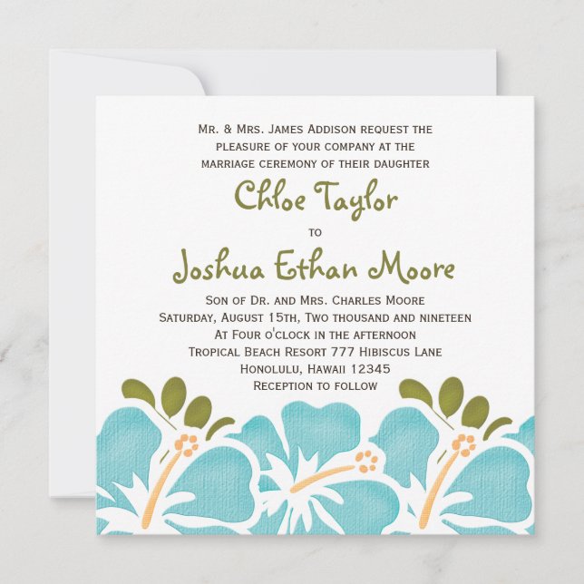 Blue Hibiscus Wedding Invitations (Front)