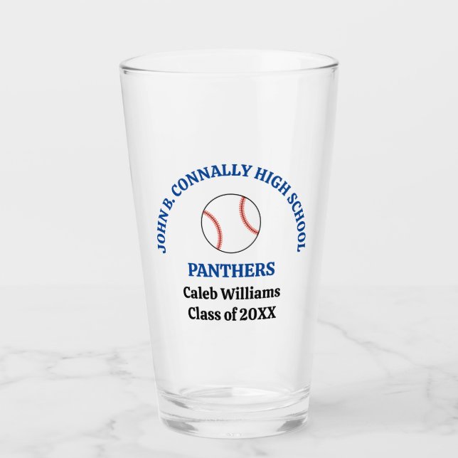 Blue High School Baseball Player Personalized Glass (Front)