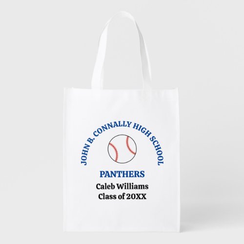 Blue High School Baseball Player Personalized Grocery Bag