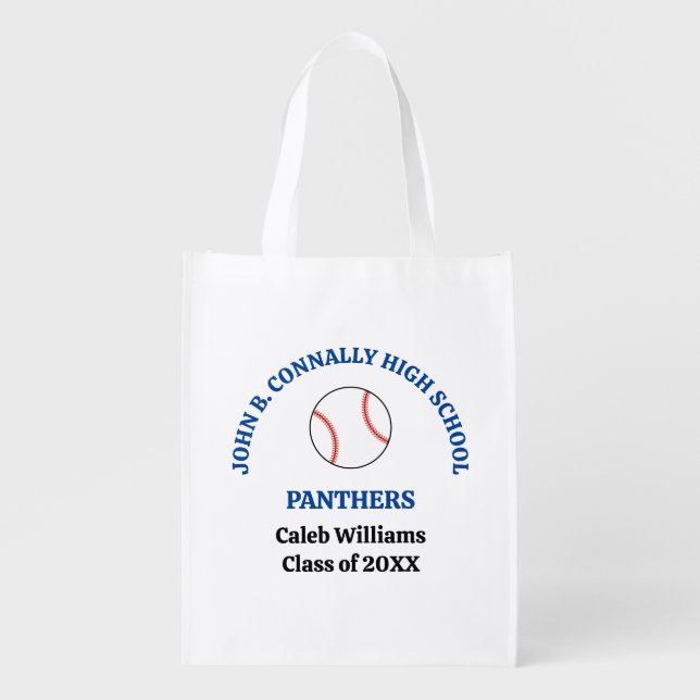 Blue High School Baseball Player Personalized Grocery Bag (Front)
