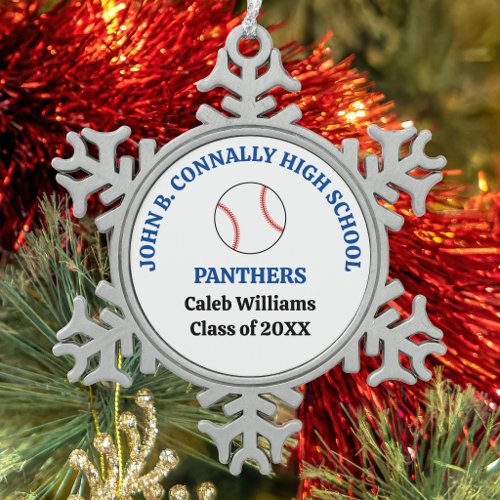 Blue High School Baseball Player Personalized Snowflake Pewter Christmas Ornament