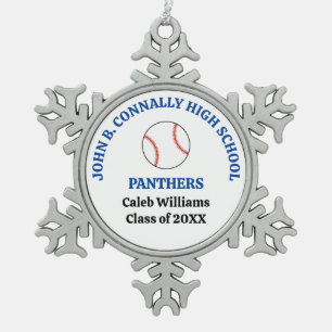 Blue High School Baseball Player Personalized Snowflake Pewter Christmas Ornament