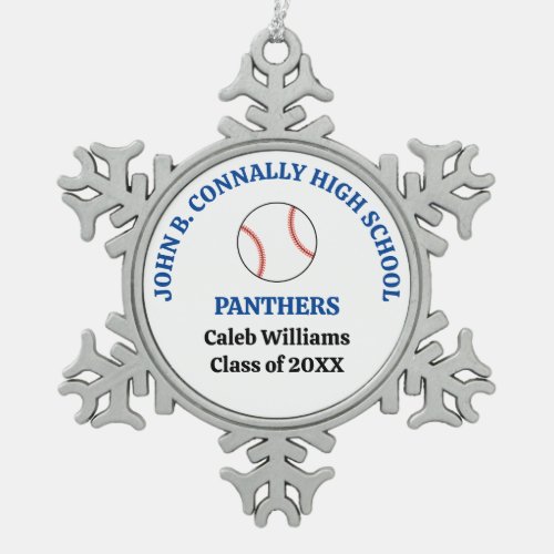 Blue High School Baseball Player Personalized Snowflake Pewter Christmas Ornament
