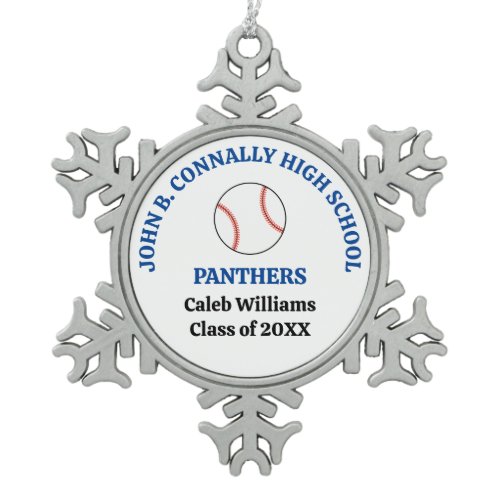Blue High School Baseball Player Personalized Snowflake Pewter Christmas Ornament
