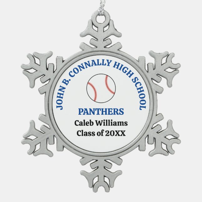 Blue High School Baseball Player Personalized Snowflake Pewter Christmas Ornament (Front)