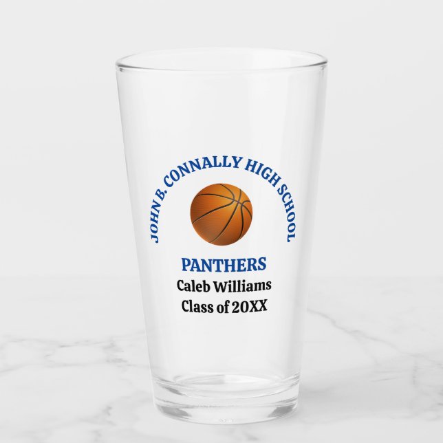 Blue High School Basketball Player Personalized Glass (Front)