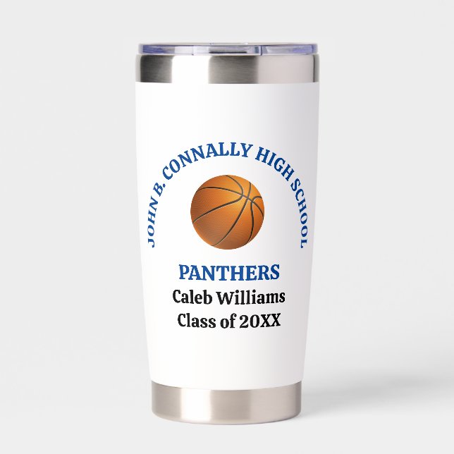 Blue High School Basketball Player Personalized Insulated Tumbler (Front)
