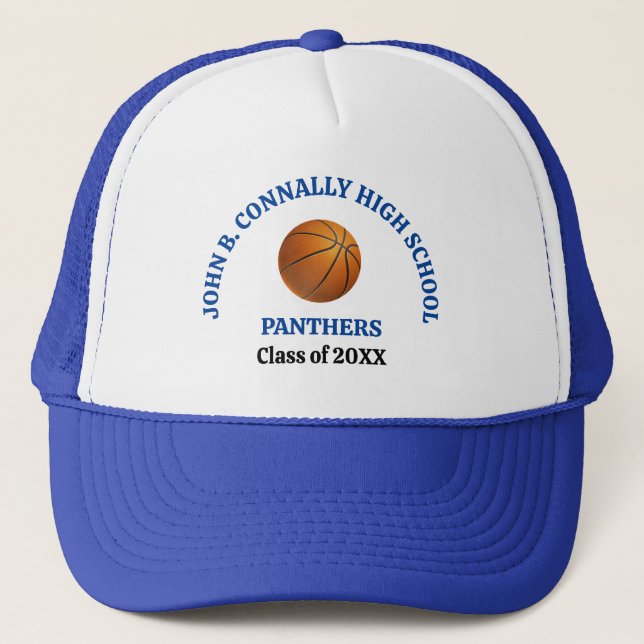 Blue High School Basketball Player Personalized Trucker Hat (Front)