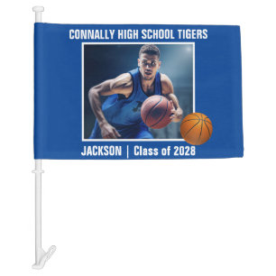 Blue High School Basketball Player Photo Car Flag
