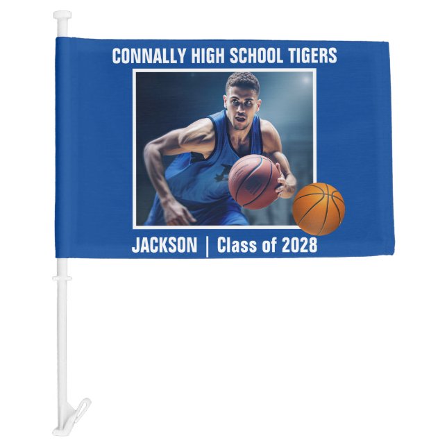 Blue High School Basketball Player Photo Car Flag (Front)