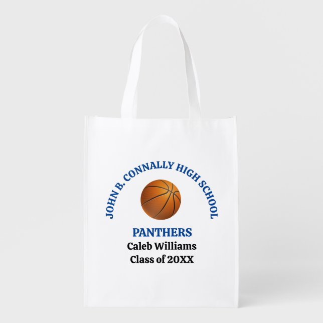 Blue High School Basketball Team Personalized Grocery Bag (Front)