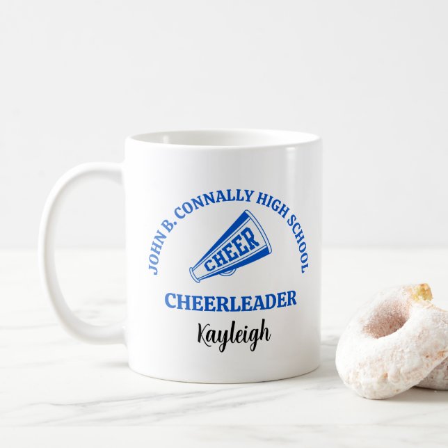 Blue High School Cheerleader Personalized Coffee Mug (With Donut)