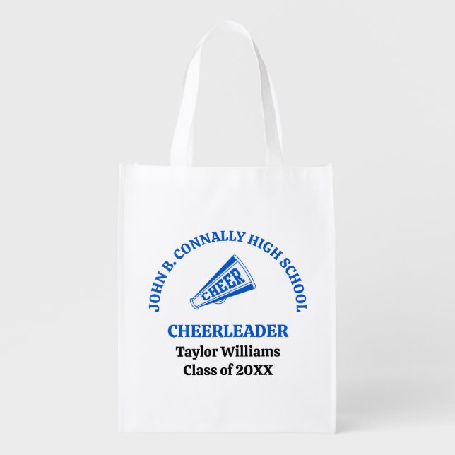 Blue High School Cheerleader Personalized Grocery Bag (Front)