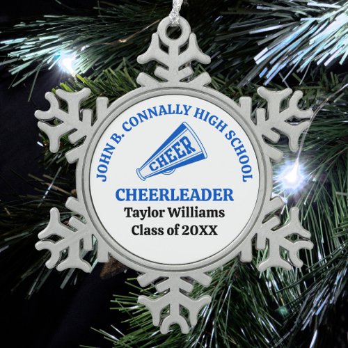 Blue High School Cheerleader Personalized Snowflake Pewter Christmas Ornament