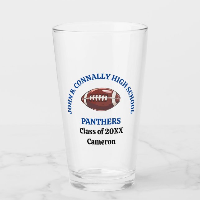 Blue High School Football Player Personalized Glass (Front)