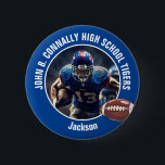 Blue High School Football Player Photo Button<br><div class="desc">This cool customized high school football player photo spirit button in blue features white typography of your team and player name. Personalize with your athlete name next to the ball.</div>