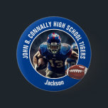 Blue High School Football Player Photo Button<br><div class="desc">This cool customized high school football player photo spirit button in blue features white typography of your team and player name. Personalize with your athlete name next to the ball.</div>