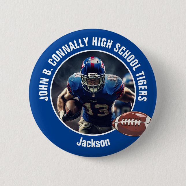 Blue High School Football Player Photo Button (Front)