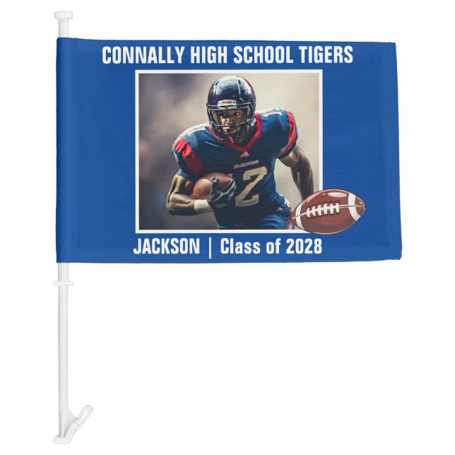 Blue High School Football Player Photo Car Flag (Front)