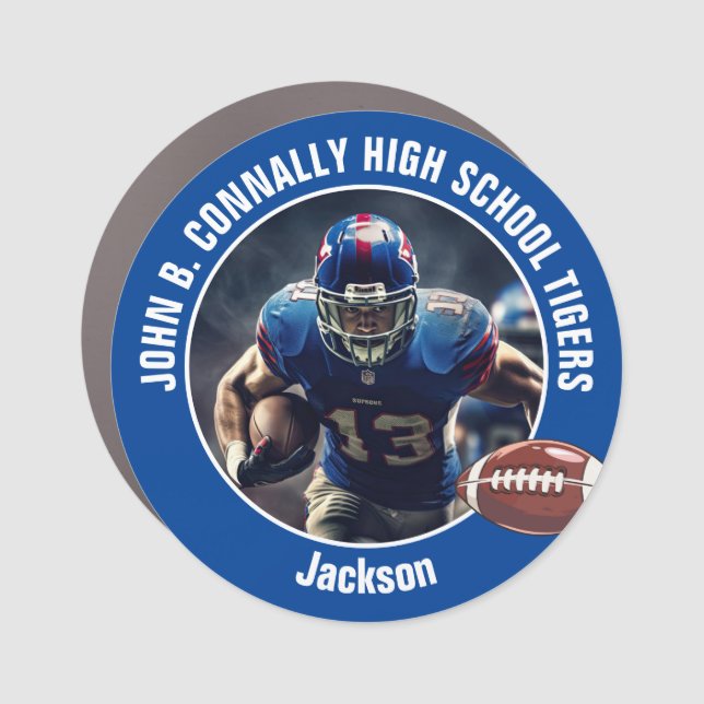 Blue High School Football Player Photo Car Magnet (Front)
