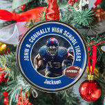 Blue High School Football Player Photo Christmas Metal Ornament<br><div class="desc">This cool customized high school football player photo Christmas ornament in blue features white typography of your team and player name. Personalize with your athlete name next to the ball.</div>