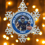 Blue High School Football Player Photo Custom Snowflake Pewter Christmas Ornament<br><div class="desc">This cool customized high school football player photo Christmas ornament in blue features white typography of your team and player name. Personalize with your athlete name next to the ball.</div>