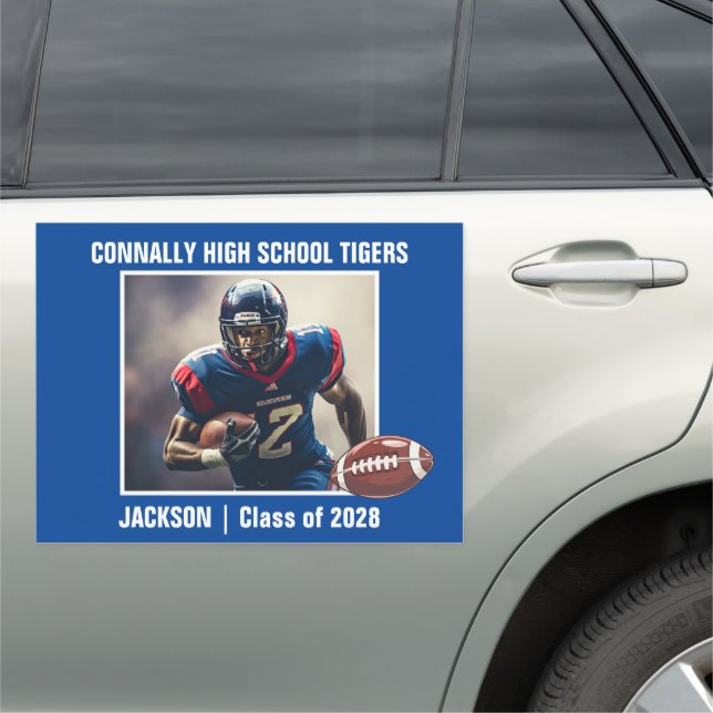 Blue High School Football Player Photo Large Car Magnet (In Situ)