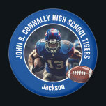 Blue High School Football Player Photo Magnet<br><div class="desc">This cool customized high school football player photo spirit magnet in blue features white typography of your team and player name. Personalize with your athlete name next to the ball.</div>