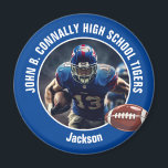 Blue High School Football Player Photo Magnet<br><div class="desc">This cool customized high school football player photo spirit magnet in blue features white typography of your team and player name. Personalize with your athlete name next to the ball.</div>