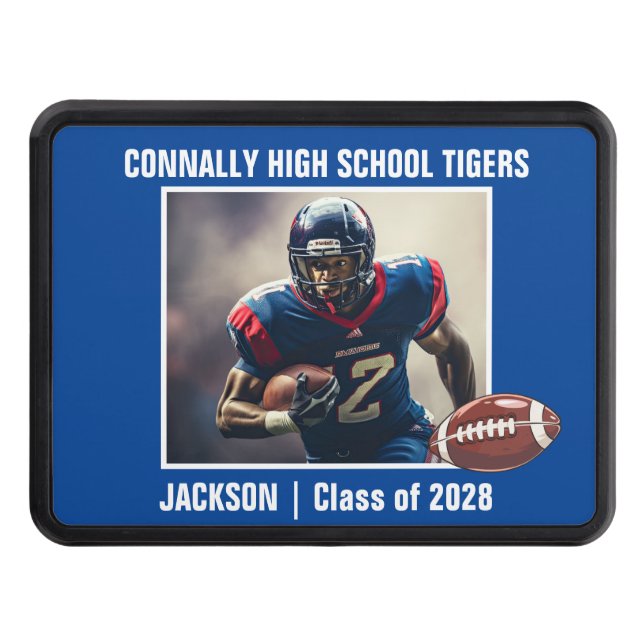 Blue High School Football Player Photo Yard Hitch Cover (Front)